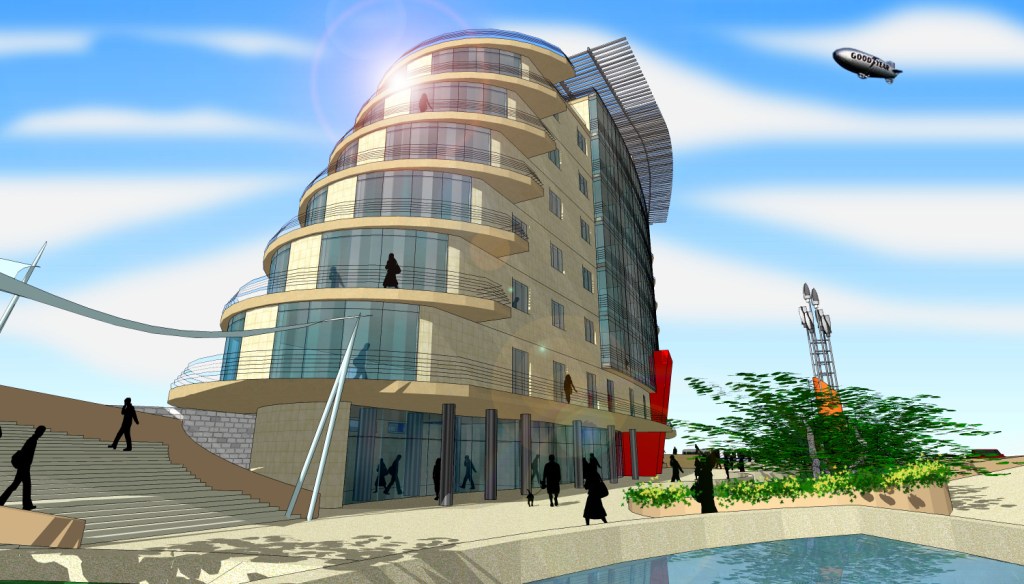 L'edificio, la piazza e la rampa pedonale